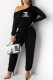 Black Fashion Casual Print Letter Oblique Collar Jumpsuits