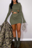 Green Sexy Solid Patchwork O Neck Long Sleeve Two Pieces