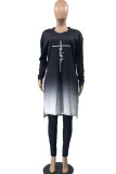 Red Fashion Casual Gradual Change Print Patchwork Slit V Neck Long Sleeve Two Pieces