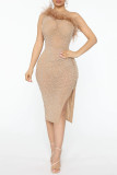 Apricot Fashion Sexy Formal Patchwork Hot Drilling Backless Slit Oblique Collar Evening Dress