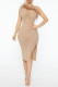 Apricot Fashion Sexy Formal Patchwork Hot Drilling Backless Slit Oblique Collar Evening Dress