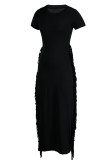 Red Casual Solid Tassel Patchwork O Neck One Step Skirt Dresses