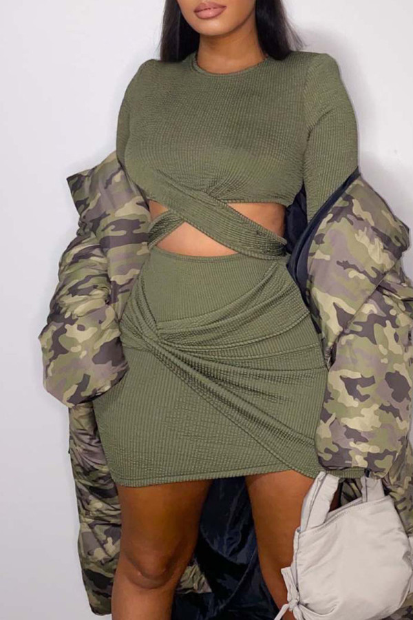 Green Sexy Solid Patchwork O Neck Long Sleeve Two Pieces