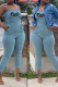 Blue Fashion Print Patchwork Spaghetti Strap Skinny Jumpsuits