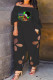 Black Fashion Casual Print Hollowed Out Off the Shoulder Regular Jumpsuits