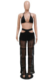 White Fashion Sexy Patchwork Solid Tassel Bandage Backless Halter Sleeveless Two Pieces