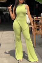 Light Green Fashion Casual Solid Slit O Neck Sleeveless Two Pieces