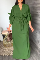 Green Casual Solid Patchwork V Neck Straight Dresses