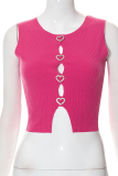 Rose Red Sexy Solid Buckle O Neck Tops