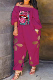 Red Fashion Casual Print Hollowed Out Off the Shoulder Regular Jumpsuits