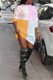 Pink Fashion Casual Letter Print Patchwork Contrast O Neck Long Sleeve Dresses