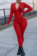 Red Sexy Print Patchwork Zipper Collar Skinny Jumpsuits