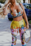 Yellow Sexy Print Patchwork Spaghetti Strap Sleeveless Two Pieces