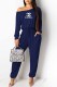 Blue Fashion Casual Print Letter Oblique Collar Jumpsuits