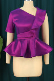 Purple Elegant Solid Patchwork Flounce Zipper Asymmetrical Collar Tops