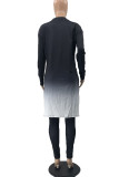 Red Fashion Casual Gradual Change Print Patchwork Slit V Neck Long Sleeve Two Pieces