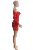 Red Fashion Sexy Solid Ripped Hollowed Out Backless Off the Shoulder Long Sleeve Dresses