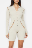 Light Apricot Sexy Solid Hollowed Out V Neck Skinny Rompers