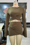 Green Sexy Solid Patchwork O Neck Long Sleeve Two Pieces