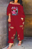 Red Fashion Casual Print Hollowed Out Off the Shoulder Regular Jumpsuits