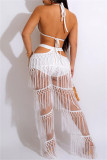 White Fashion Sexy Patchwork Solid Tassel Bandage Backless Halter Sleeveless Two Pieces