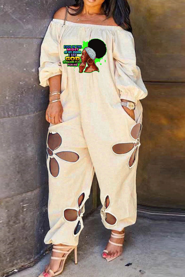Apricot Fashion Casual Print Hollowed Out Off the Shoulder Regular Jumpsuits