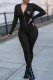 Black Sexy Print Patchwork Zipper Collar Skinny Jumpsuits