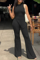 Black Fashion Casual Solid Slit O Neck Sleeveless Two Pieces