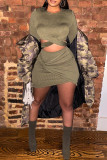 Green Sexy Solid Patchwork O Neck Long Sleeve Two Pieces