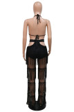 White Fashion Sexy Patchwork Solid Tassel Bandage Backless Halter Sleeveless Two Pieces