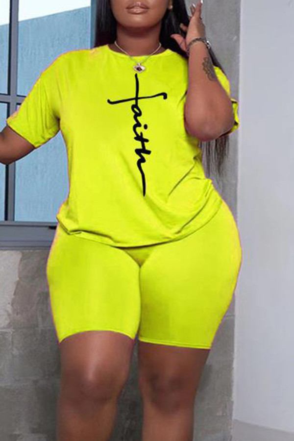 Fluorescent Green Casual Print Patchwork O Neck Short Sleeve Two Pieces