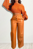 Ginger Casual Solid Patchwork Straight Mid Waist Wide Leg Solid Color Bottoms