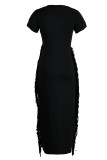 Red Casual Solid Tassel Patchwork O Neck One Step Skirt Dresses