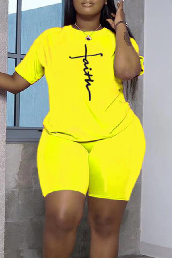 Fluorescent Yellow Casual Print Patchwork O Neck Short Sleeve Two Pieces