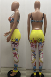 Yellow Sexy Print Patchwork Spaghetti Strap Sleeveless Two Pieces