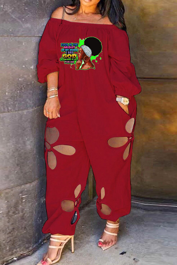 Red Fashion Casual Print Hollowed Out Off the Shoulder Regular Jumpsuits