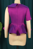 Purple Elegant Solid Patchwork Flounce Zipper Asymmetrical Collar Tops
