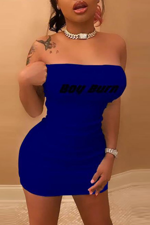 Blue Sexy Print Patchwork Strapless Pencil Skirt Dresses