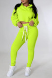 Fluorescent Yellow Casual Solid Bandage Patchwork Hooded Collar Long Sleeve Two Pieces