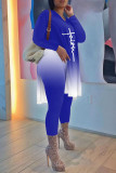 Red Fashion Casual Gradual Change Print Patchwork Slit V Neck Long Sleeve Two Pieces