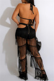 White Fashion Sexy Patchwork Solid Tassel Bandage Backless Halter Sleeveless Two Pieces