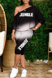 Blue Fashion Casual Gradual Change Print Letter Oblique Collar Long Sleeve Two Pieces