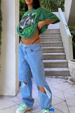 Green Fashion Print Patchwork O Neck T-Shirts