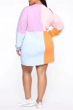 Pink Fashion Casual Letter Print Patchwork Contrast O Neck Long Sleeve Dresses