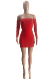 Red Fashion Sexy Solid Ripped Hollowed Out Backless Off the Shoulder Long Sleeve Dresses