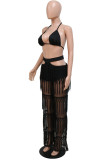 White Fashion Sexy Patchwork Solid Tassel Bandage Backless Halter Sleeveless Two Pieces