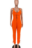 Tangerine Red Casual Print Patchwork Spaghetti Strap Regular Jumpsuits