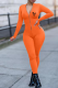 Orange Sexy Print Patchwork Zipper Collar Skinny Jumpsuits