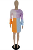 Pink Fashion Casual Letter Print Patchwork Contrast O Neck Long Sleeve Dresses