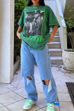 Green Fashion Print Patchwork O Neck T-Shirts